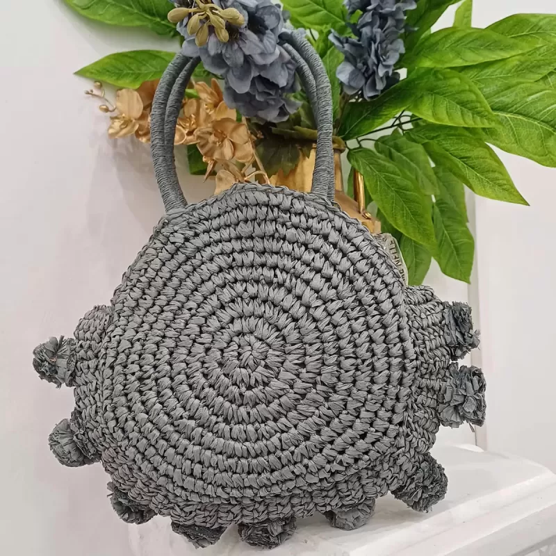 Borsa di paglia fiore grigia