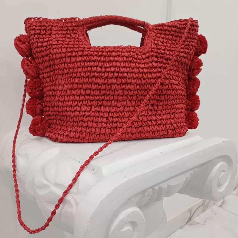 Borsa di paglia pon pon rossa