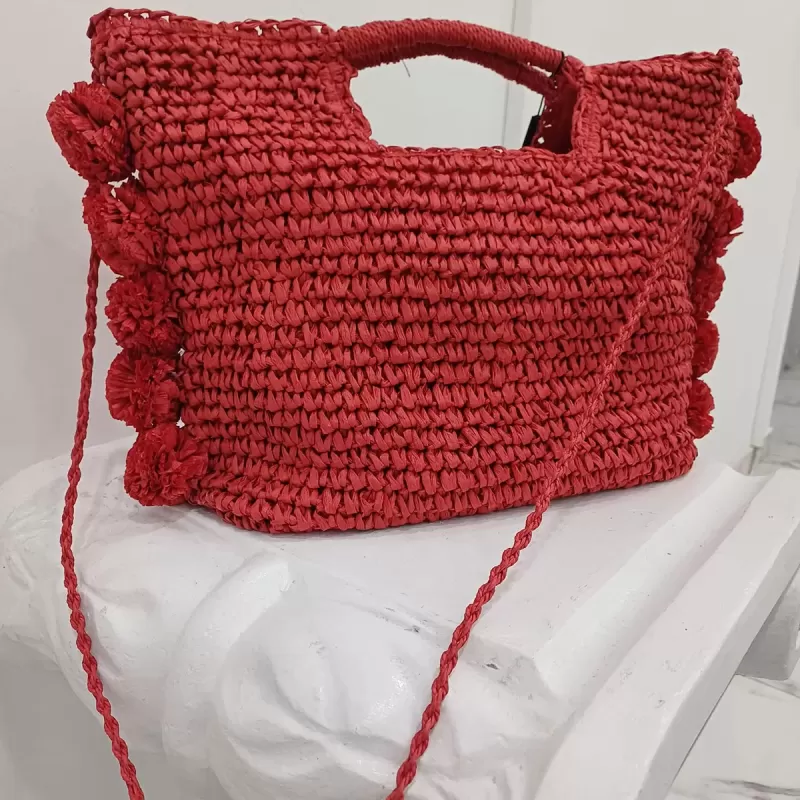 Borsa di paglia pon pon rossa