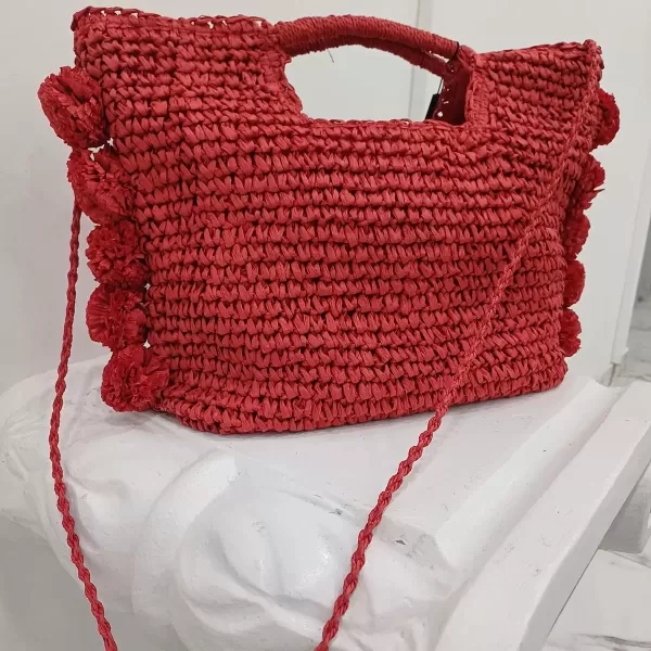 Borsa di paglia pon pon rossa